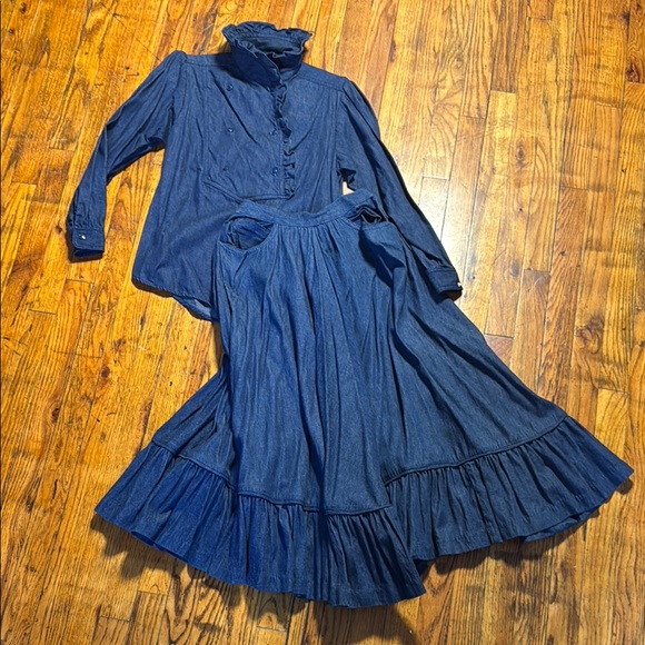 Vintage Dresses & Skirts - JAG VTG Women's Cottagecore Dark Wash Denim Skirt Blouse Set Talon Zipper Size 6